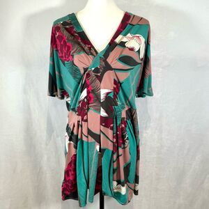 Erica Davies designer pink and aqua tropical floral pleated tunic top size XL